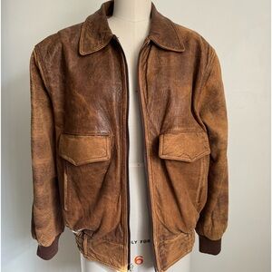 Amazing Vintage Brown Distressed Soft Leather Bomber Jacket RARE M/L